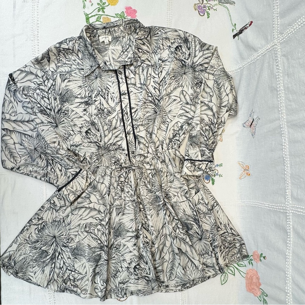Umgee Cream & Black Plant Print Silky Long Sleeve Mini Dress Size Large  K6333
